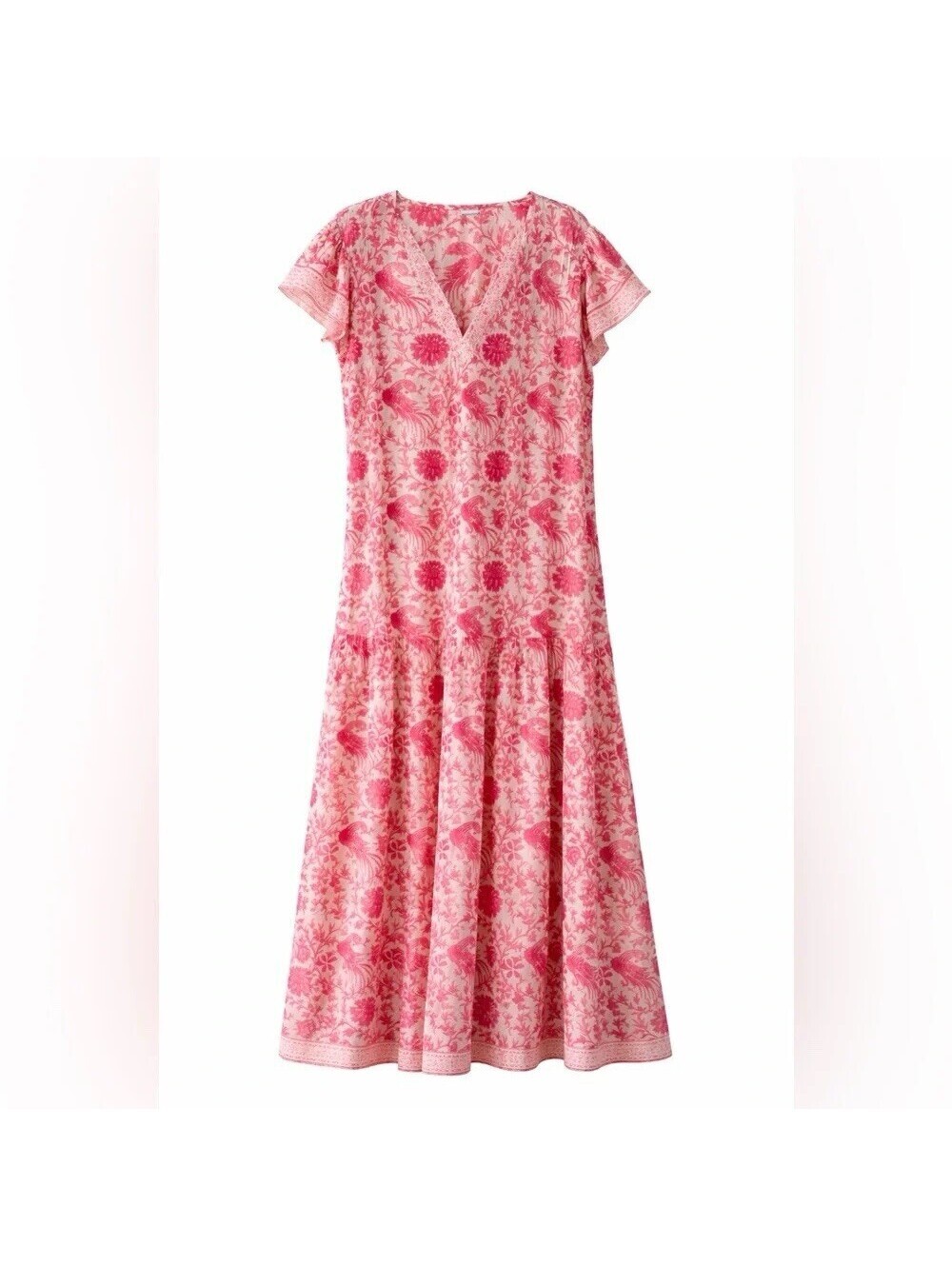 La Plage Pink Bird Floral Maxi Dress Boho V-Neck Resort